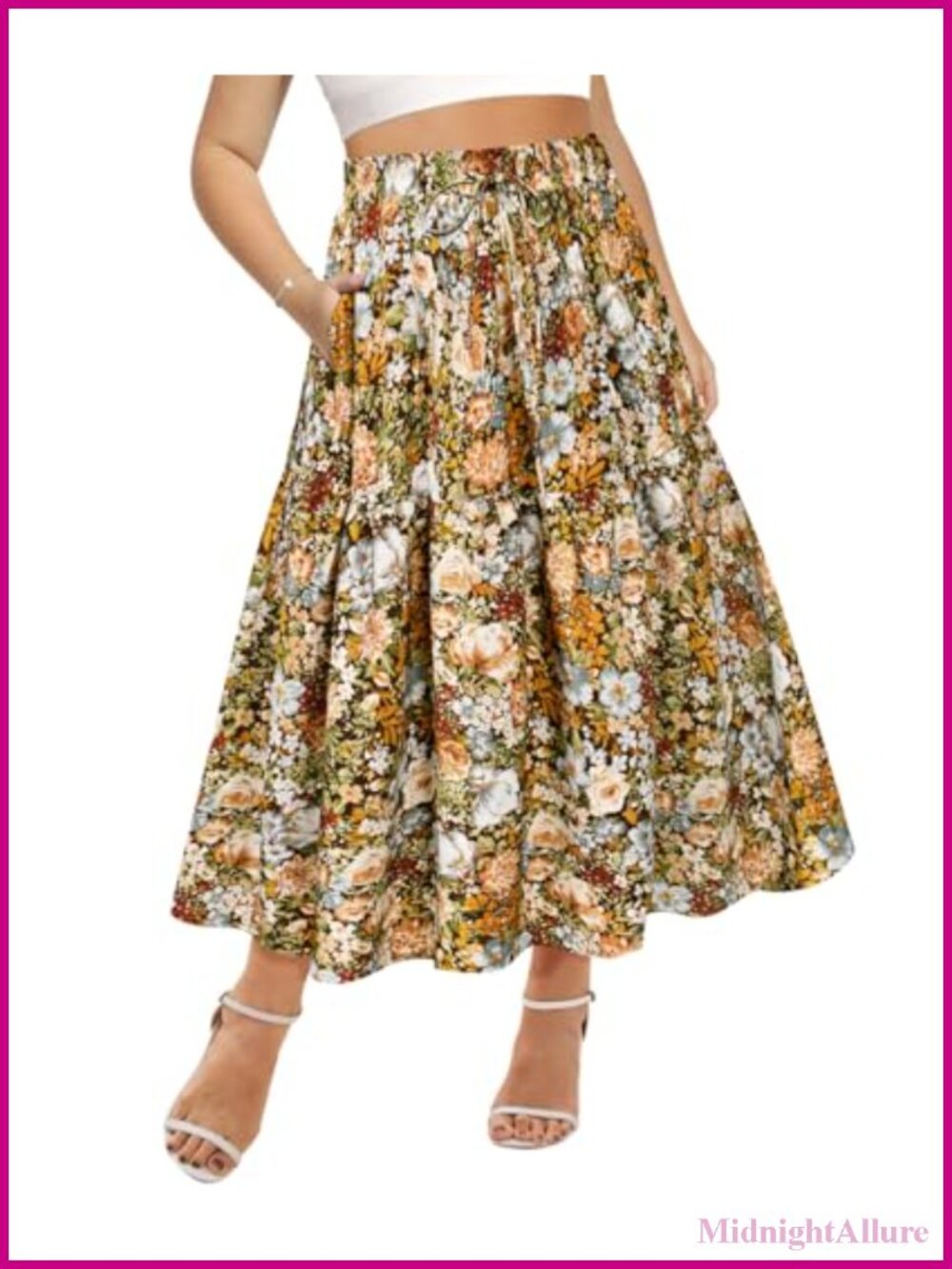 Plus Size Boho Maxi Skirt Floral A-Line Tiered with Pockets